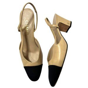 Chanel Slingbacks in Goatskin & Grosgrain Beige Black